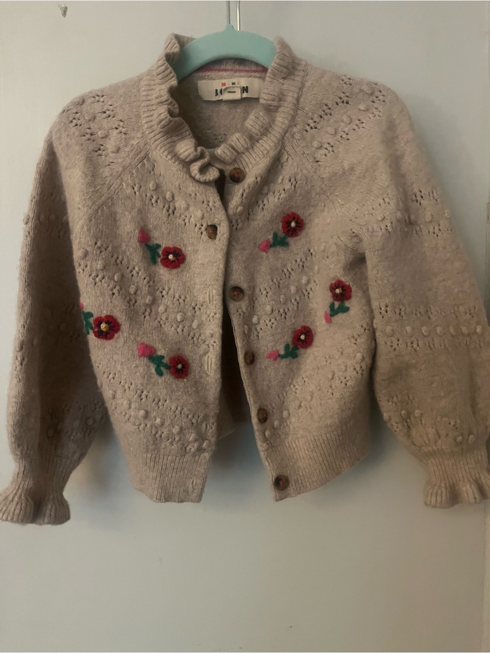 Mini Boden Cream Knit Cardigan with Red Flower Embroidery 4/5